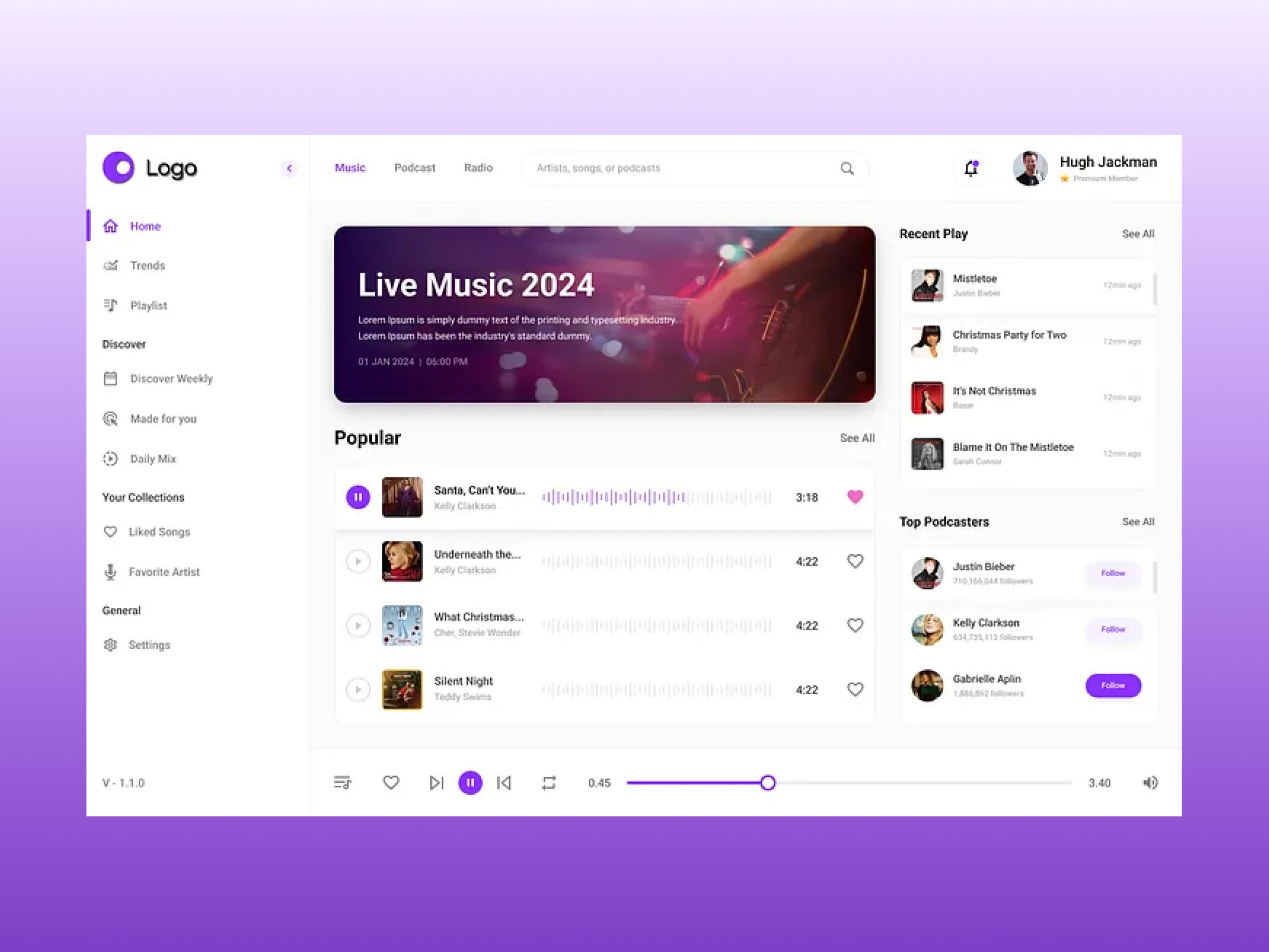 Music Dashboard Layout – Modern & Interactive UI/UX Design